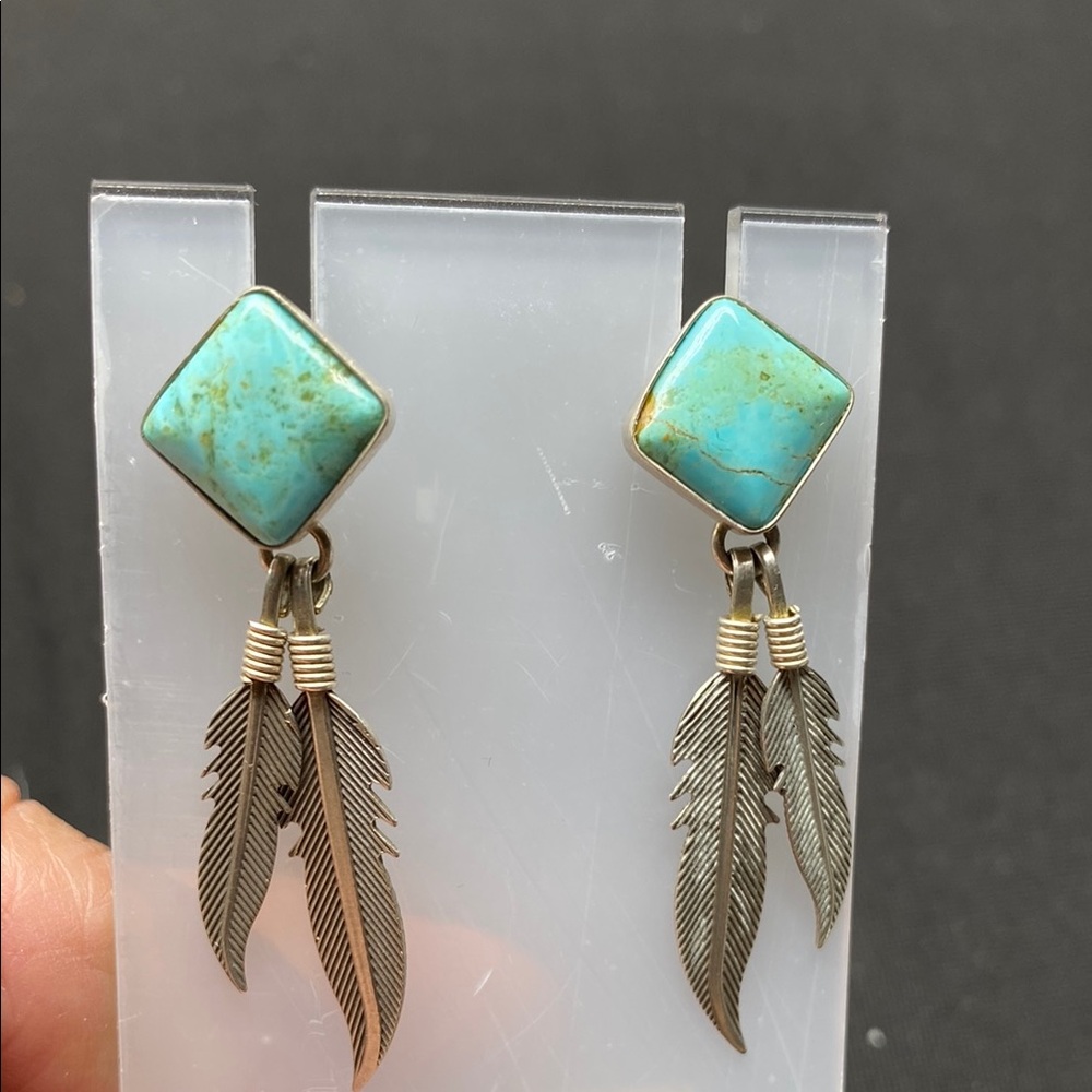 Vintage Turquoise and Silver Feather Earrings